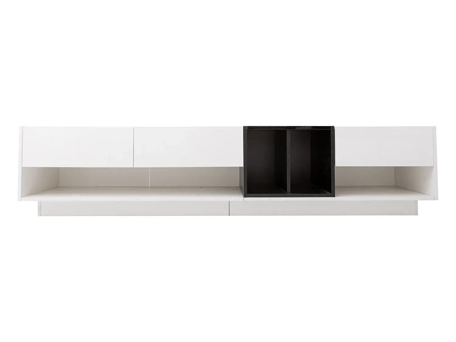 Best Móvel para TV, aparador baixo, combinação em brilhante e preto. Design em blocos de cores, gavetas, compartimentos, múltiplos espaços de armazenamento. Branco