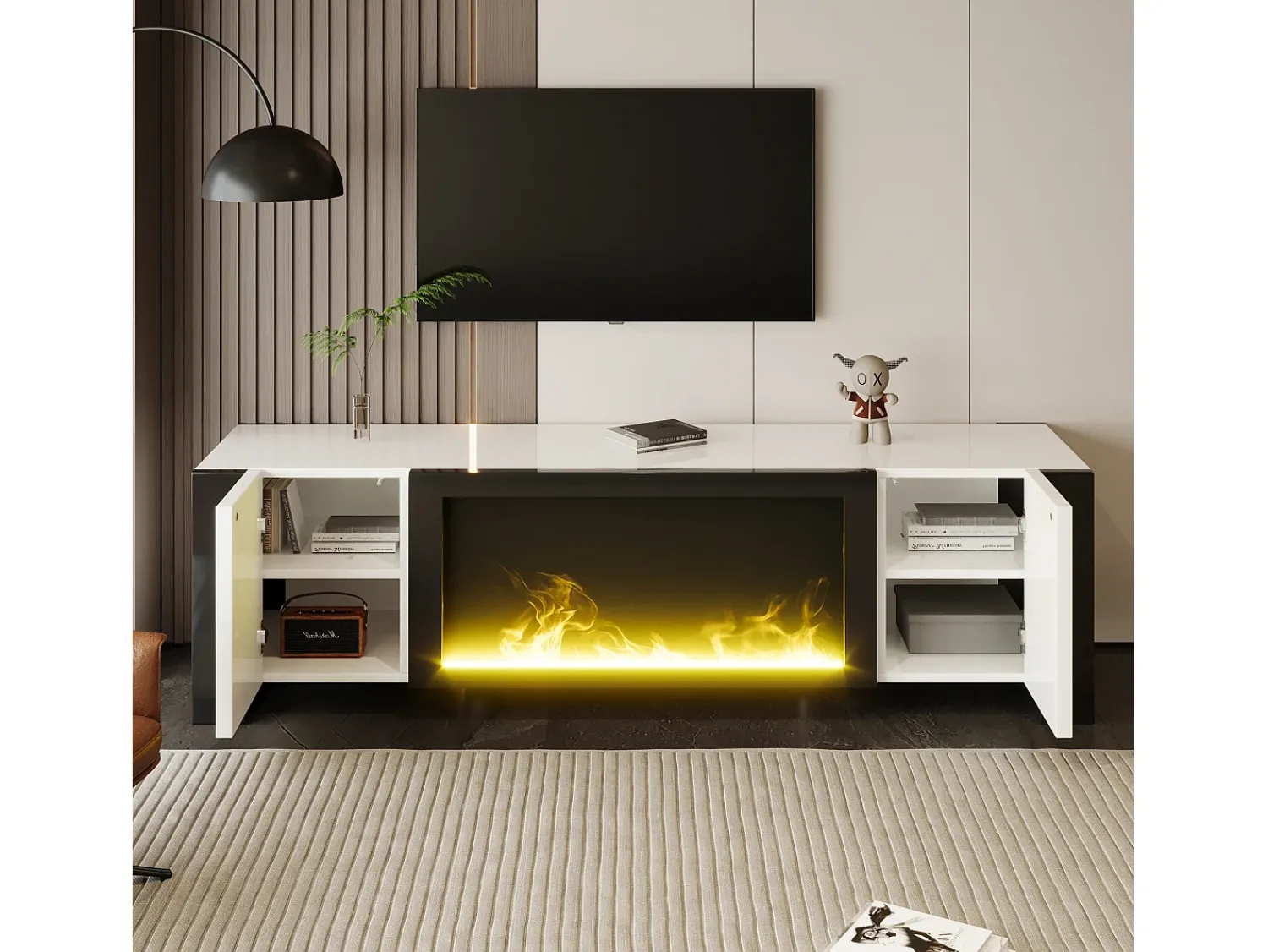 Discount Móvel para TV, aparador baixo com efeito de chama de lareira elétrica, sem função de aquecimento, branco Preto