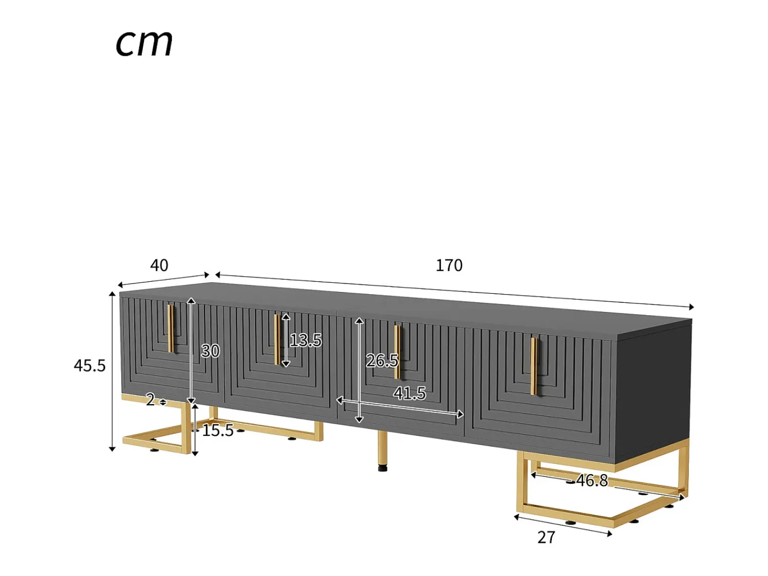 Móvel para TV, armário baixo com portas e gavetas, rack para TV de sala de estar com puxadores dourados e cinza. Preto