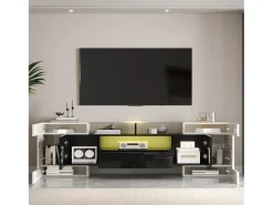 Clearance Móvel para TV baixo de 200 cm, com iluminação LED, design moderno e elegante superfície de vidro, para sala de estar, . Branco