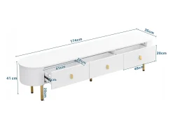 New Móvel para TV baixo, tampo curvo, gavetas, pés dourados, para sala de estar, 174x35x41cm, Branco
