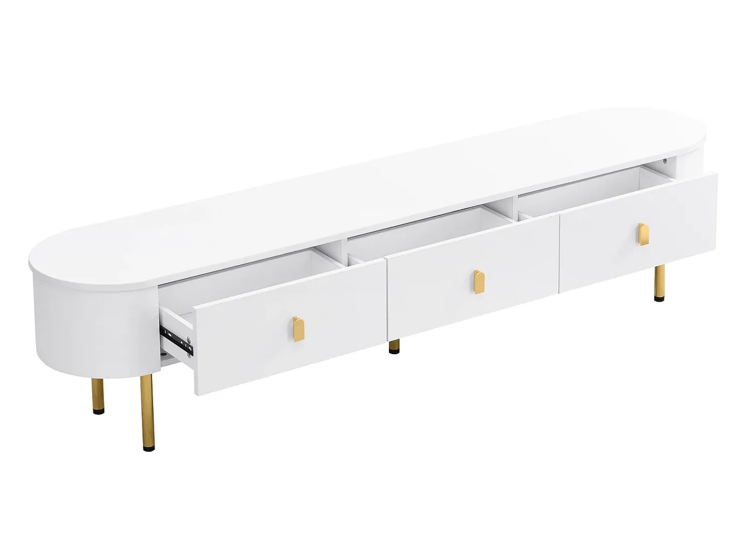 New Móvel para TV baixo, tampo curvo, gavetas, pés dourados, para sala de estar, 174x35x41cm, Branco