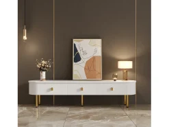 New Móvel para TV baixo, tampo curvo, gavetas, pés dourados, para sala de estar, 174x35x41cm, Branco