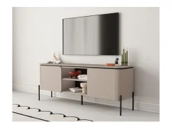 Móvel De Tv*Meublorama Móvel para TV BELLA com 2 portas – Acabamento Congo fosco – Design arredondado e pés de metal preto Bege