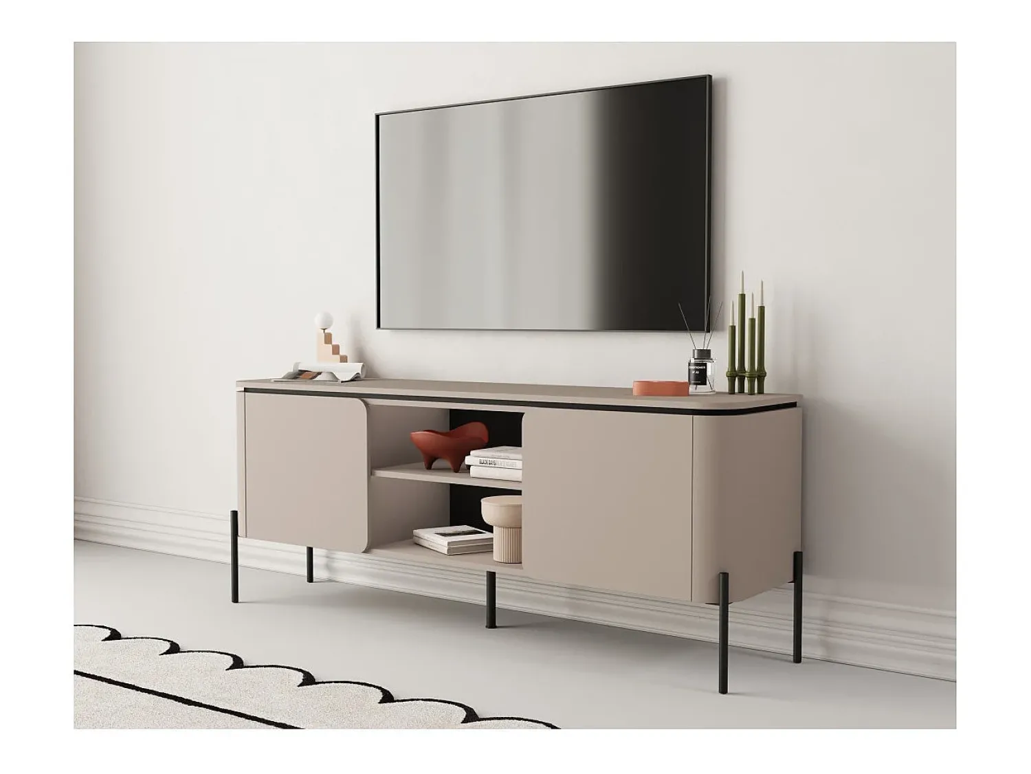 Móvel De Tv*Meublorama Móvel para TV BELLA com 2 portas – Acabamento Congo fosco – Design arredondado e pés de metal preto Bege