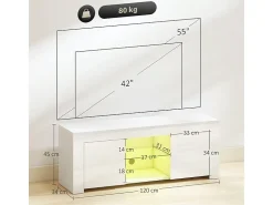 Outlet Móvel para TV , com 2 portas, prateleira de vidro, iluminação LED e sistema de gerenciamento de cabos, para sala de estar, 120 x 34 x 45 cm Branco