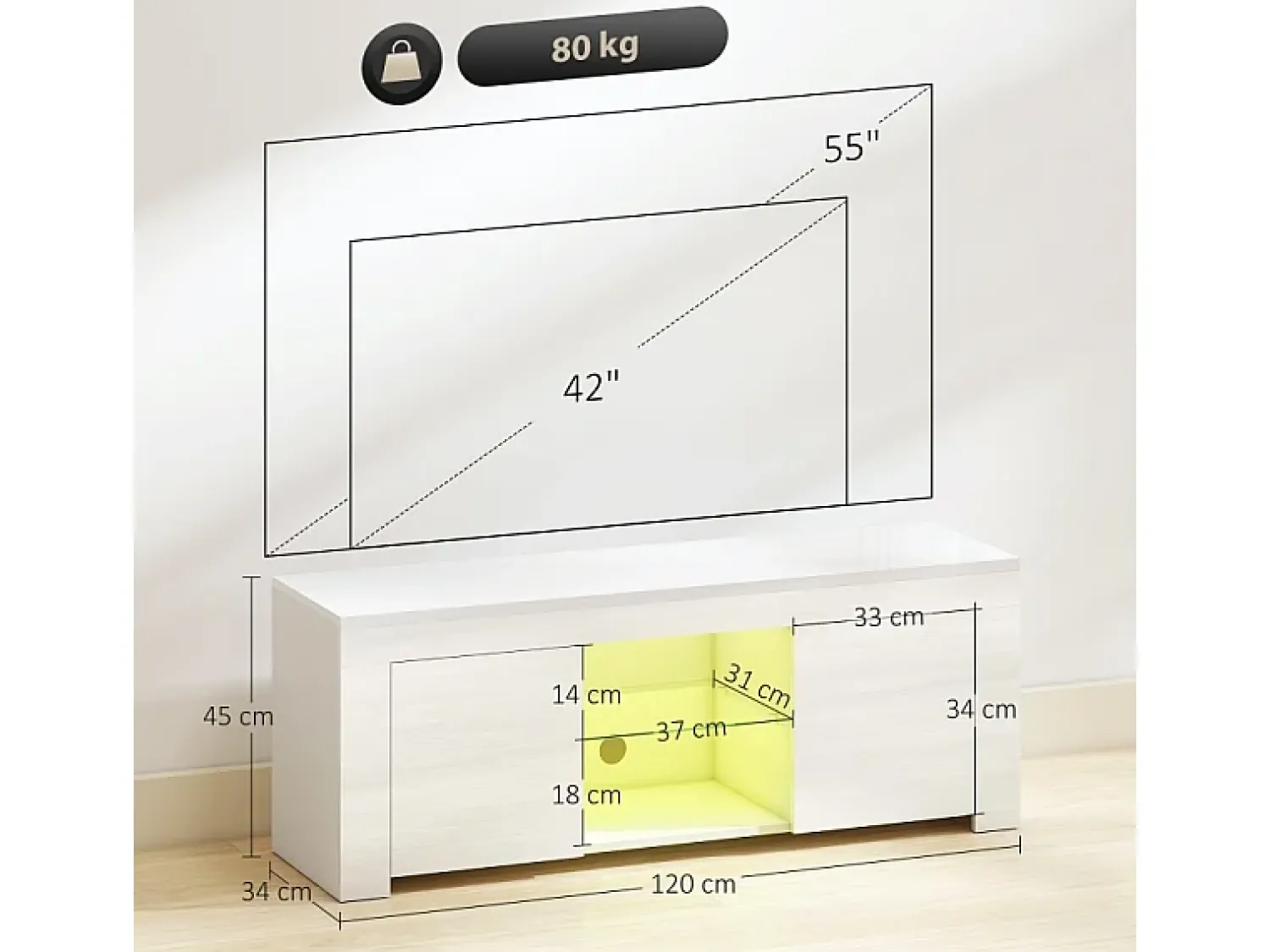 Outlet Móvel para TV , com 2 portas, prateleira de vidro, iluminação LED e sistema de gerenciamento de cabos, para sala de estar, 120 x 34 x 45 cm Branco