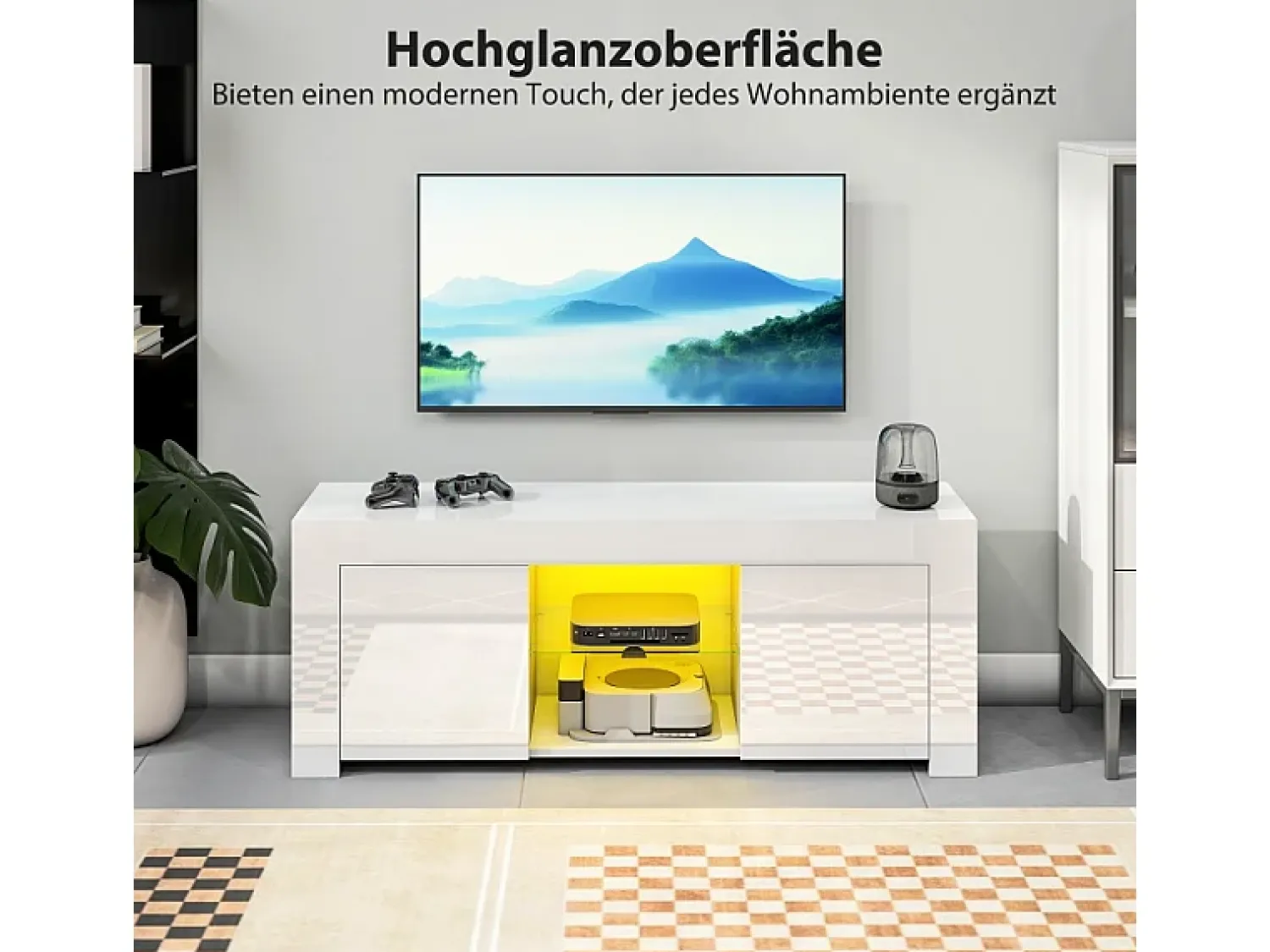 Outlet Móvel para TV , com 2 portas, prateleira de vidro, iluminação LED e sistema de gerenciamento de cabos, para sala de estar, 120 x 34 x 45 cm Branco