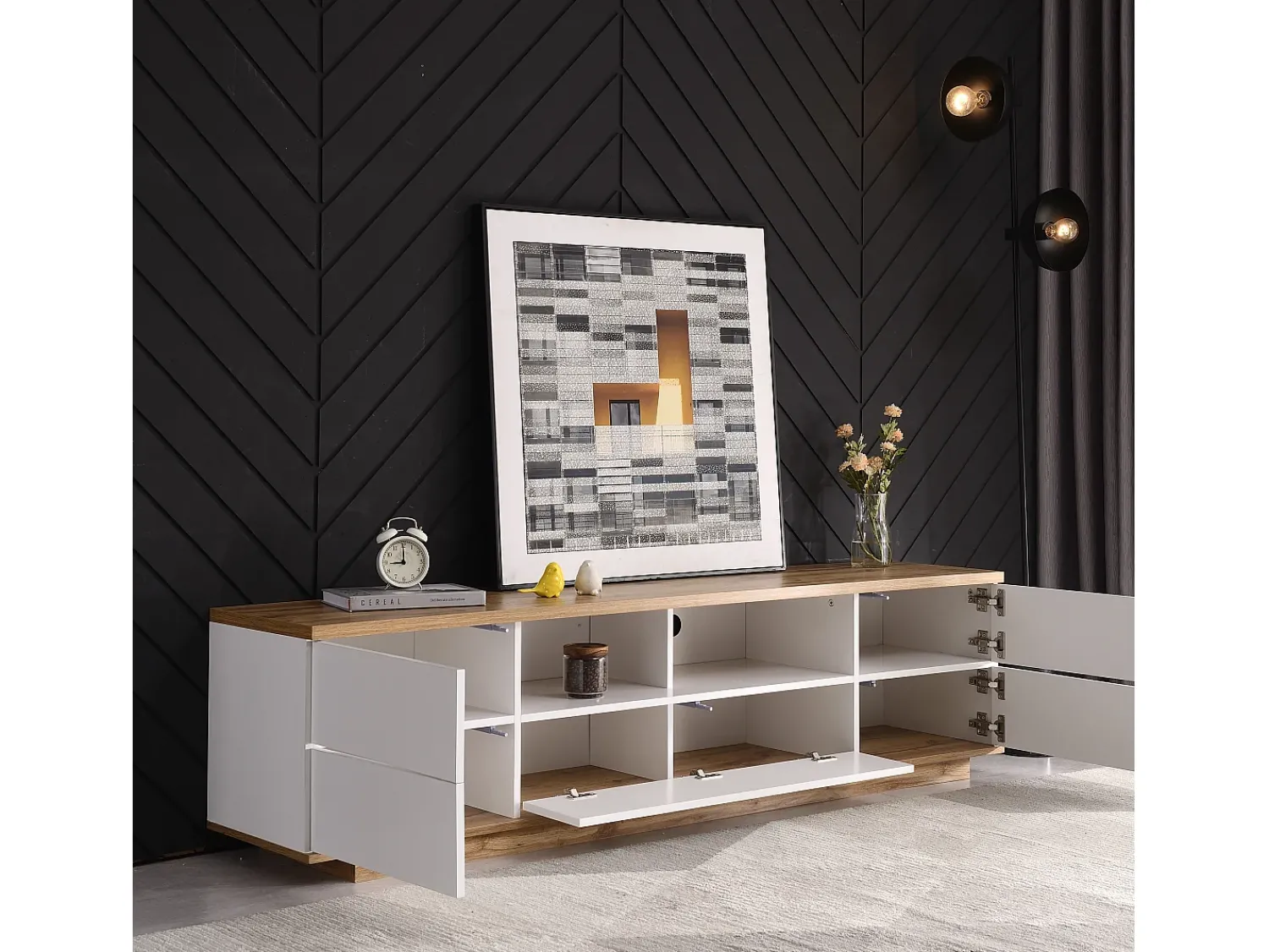 Online Móvel para TV , com espaço de armazenamento e acabamento em madeira, para sala de estar, 180 x 38 x 46 cm Branco