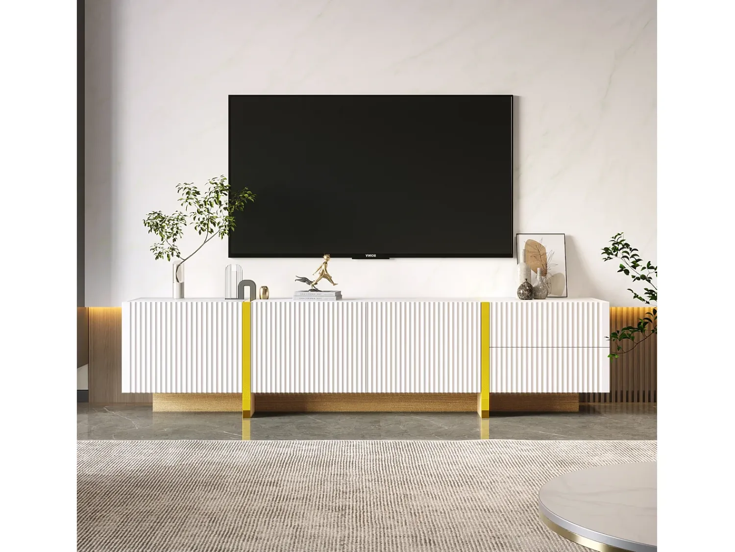 Móvel para TV com vários compartimentos de armazenamento, design vertical moderno com acabamento fosco e detalhes dourados, 190 x 35 x 45 cm, .^ Móvel De Tv