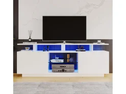 Móvel para TV de 140 cm, iluminação LED de 16 cores, portas laqueadas com painéis de vidro, espaço para TVs de até 60