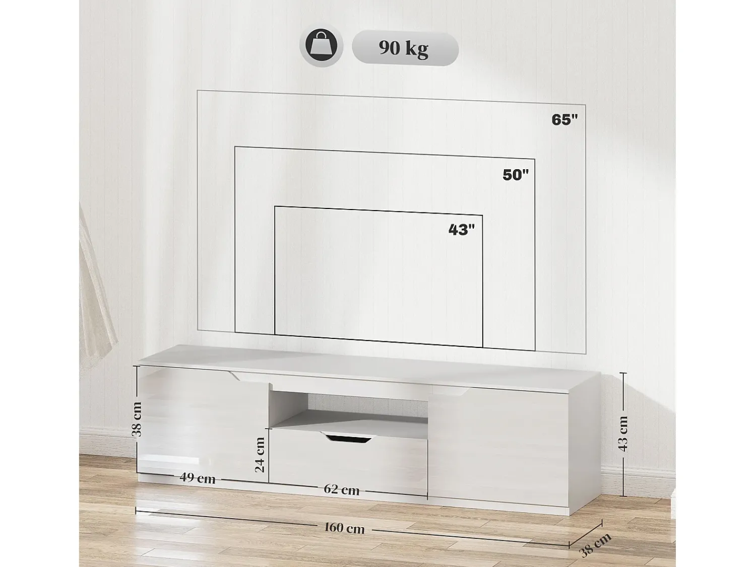 Best Móvel para TV de 160 cm com 2 portas, gaveta e sistema de gerenciamento de cabos, para TVs de até 65". Branco