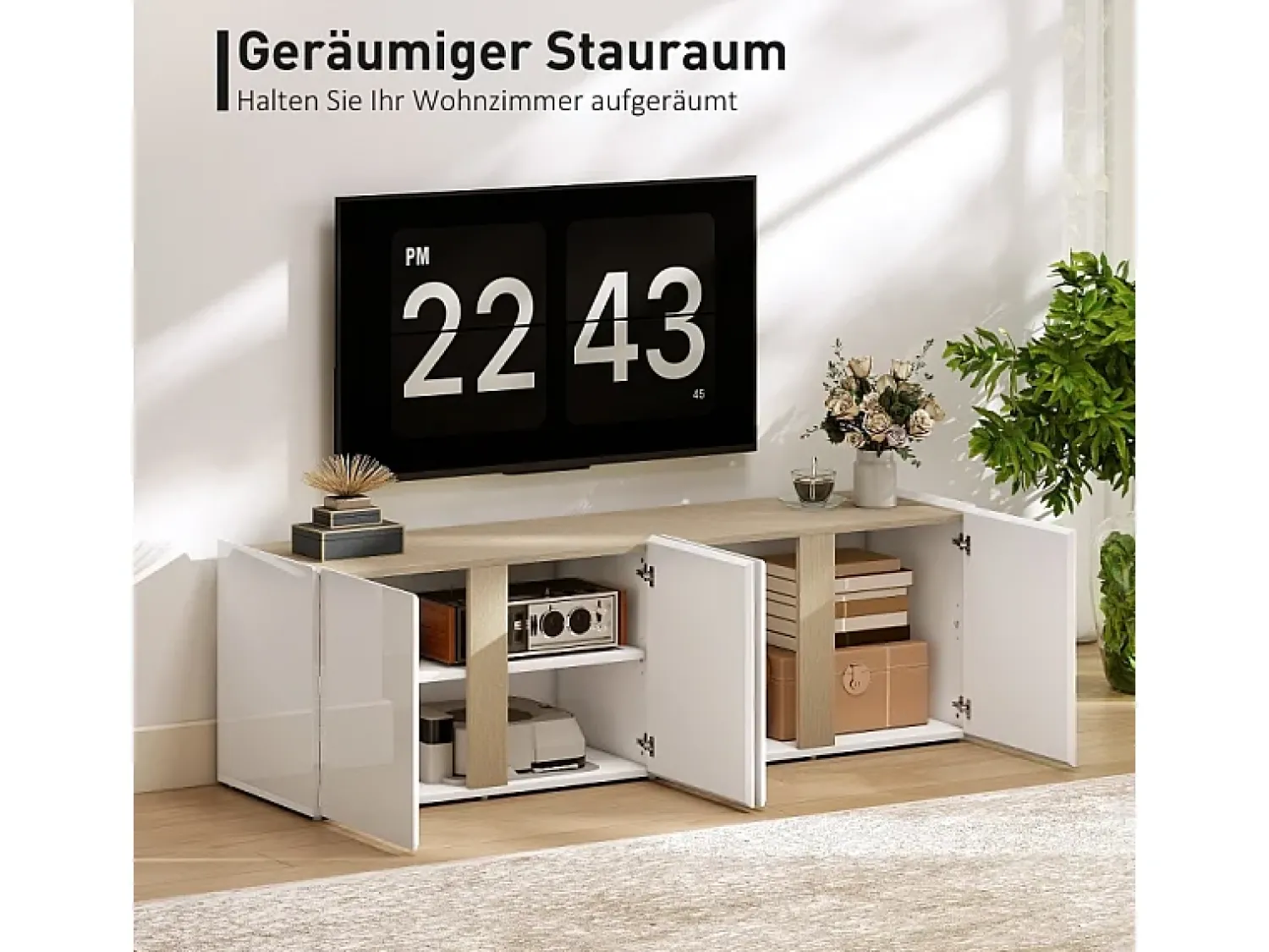 Móvel De Tv* Móvel para TV para televisores de até 65 polegadas, portas com fechamento suave, prateleiras ajustáveis, 135 x 38 x 45 cm, sala de estar. Branco