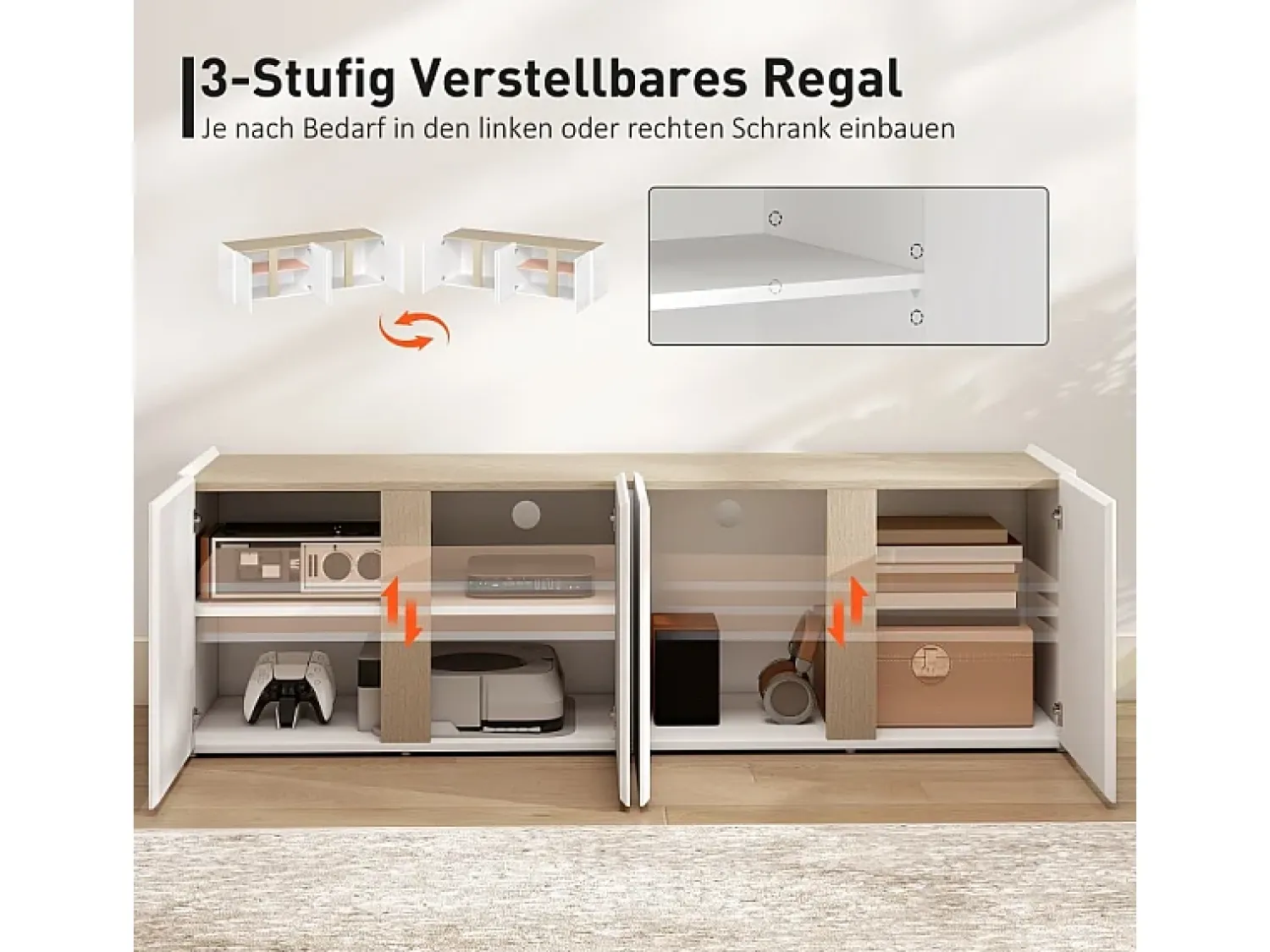 Móvel De Tv* Móvel para TV para televisores de até 65 polegadas, portas com fechamento suave, prateleiras ajustáveis, 135 x 38 x 45 cm, sala de estar. Branco