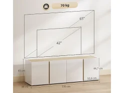 Móvel De Tv* Móvel para TV para televisores de até 65 polegadas, portas com fechamento suave, prateleiras ajustáveis, 135 x 38 x 45 cm, sala de estar. Branco