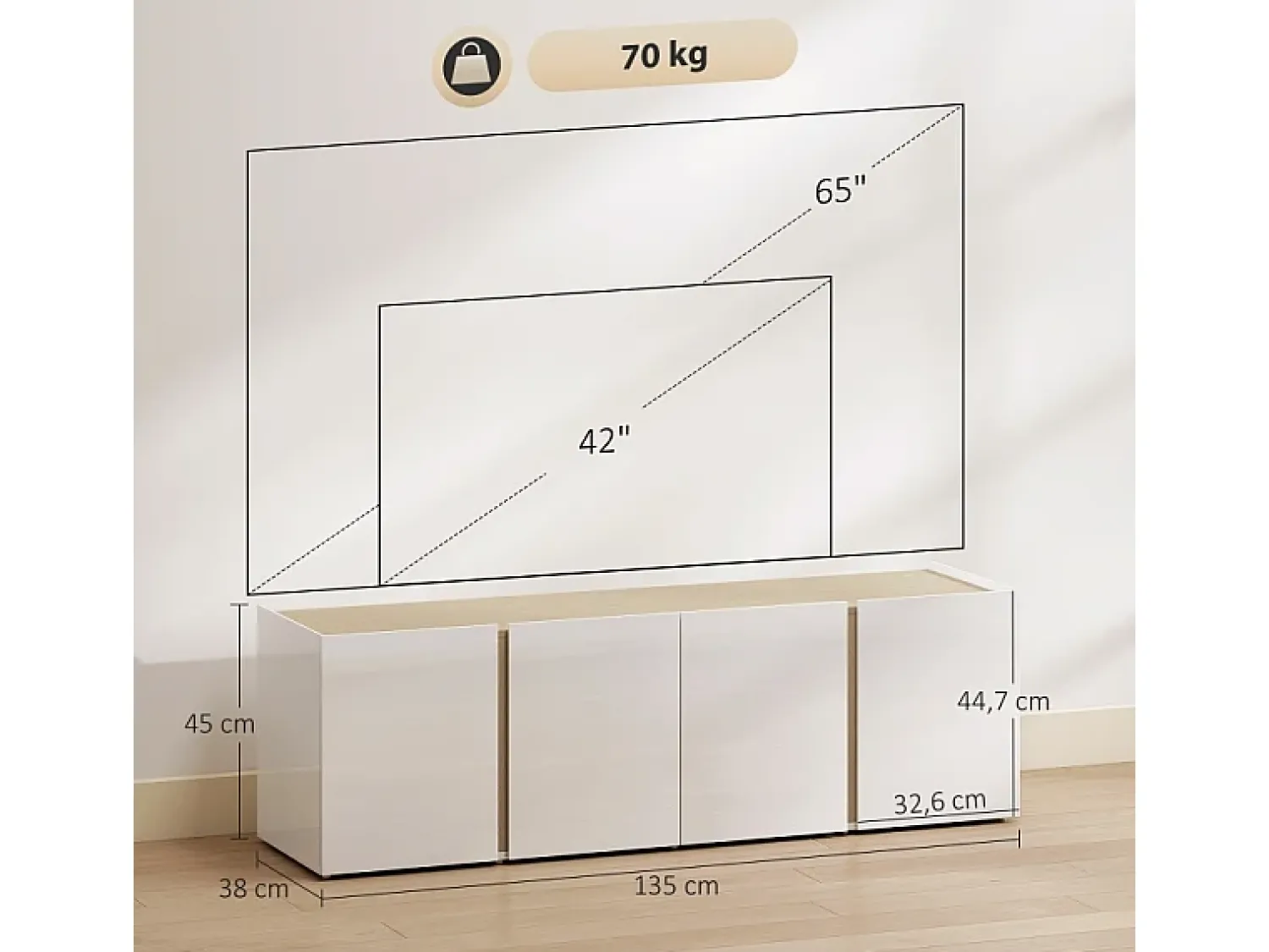 Móvel De Tv* Móvel para TV para televisores de até 65 polegadas, portas com fechamento suave, prateleiras ajustáveis, 135 x 38 x 45 cm, sala de estar. Branco