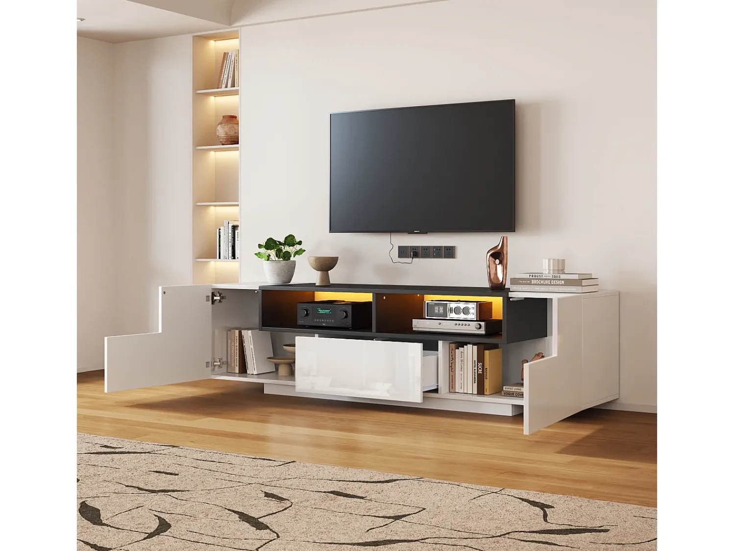 Móvel De Tv|ModernLuxe Móvel para TV brilhante 180×40×48 cm - com iluminação LED - 1 gaveta e 2 portas - para televisores de 75 polegadas - Branco