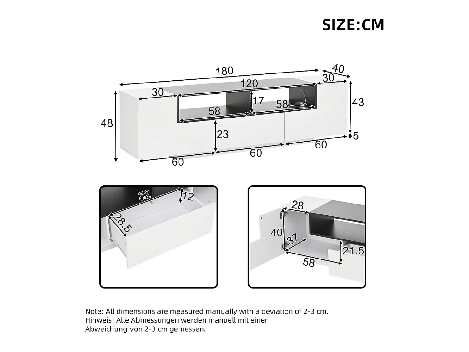 Móvel De Tv|ModernLuxe Móvel para TV brilhante 180×40×48 cm - com iluminação LED - 1 gaveta e 2 portas - para televisores de 75 polegadas - Branco