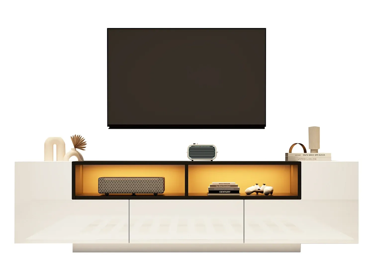 Móvel De Tv|ModernLuxe Móvel para TV brilhante 180×40×48 cm - com iluminação LED - 1 gaveta e 2 portas - para televisores de 75 polegadas - Branco