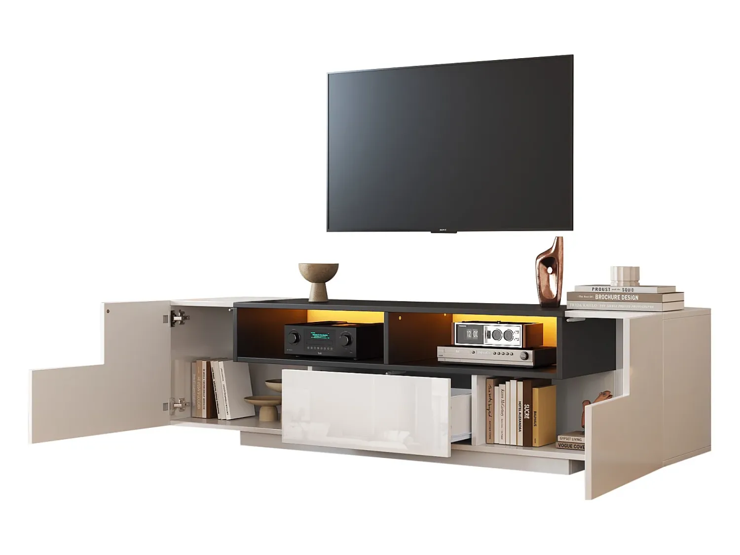 Móvel De Tv|ModernLuxe Móvel para TV brilhante 180×40×48 cm - com iluminação LED - 1 gaveta e 2 portas - para televisores de 75 polegadas - Branco