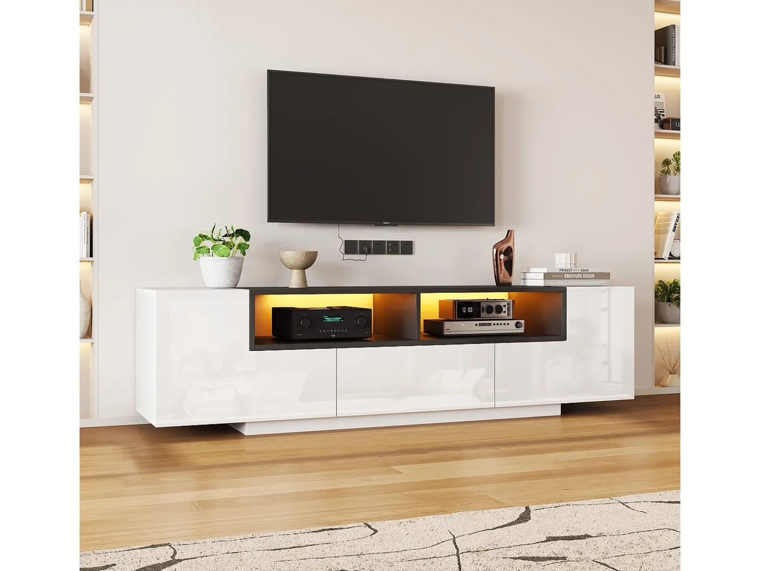 Móvel De Tv|ModernLuxe Móvel para TV brilhante 180×40×48 cm - com iluminação LED - 1 gaveta e 2 portas - para televisores de 75 polegadas - Branco