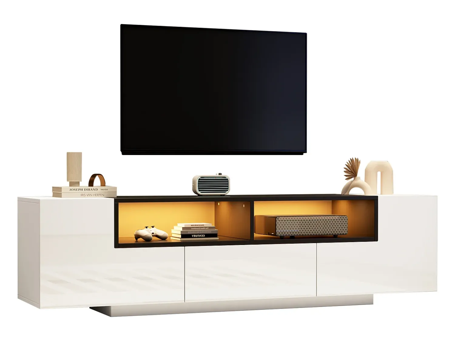 Móvel De Tv|ModernLuxe Móvel para TV brilhante 180×40×48 cm - com iluminação LED - 1 gaveta e 2 portas - para televisores de 75 polegadas - Branco