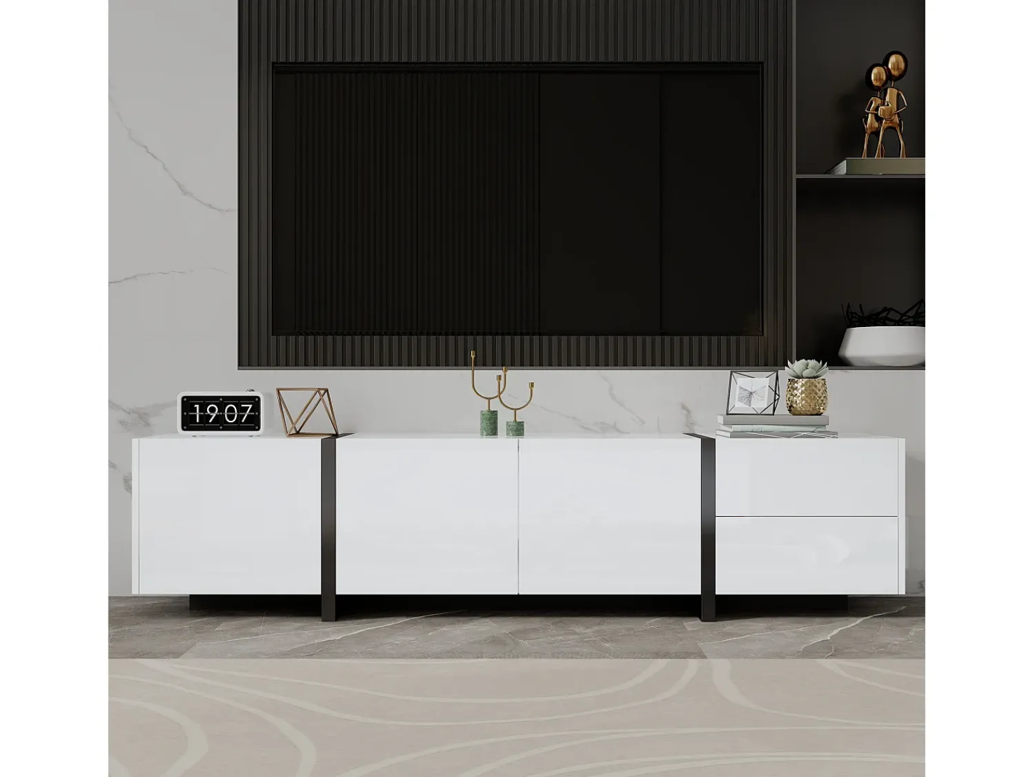 Clearance ModernLuxe Móvel para TV brilhante 170×30×39 cm - com iluminação LED - 3 portas e 1 gaveta - Painel de partículas - Branco