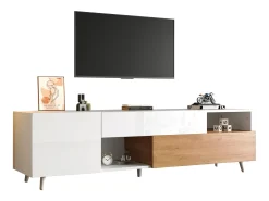 ModernLuxe Móvel para TV brilhante 180×38×50 cm - 2 portas e 1 gaveta - Compatível com TVs de 75 polegadas - branco e natural^ Móvel De Tv