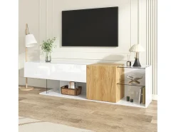 Móvel De Tv|ModernLuxe Móvel para TV brilhante 180×38×48 cm - com 2 portas - prateleiras de vidro - acabamento madeirado - painel de partículas - branco + natural Natural claro / Branco