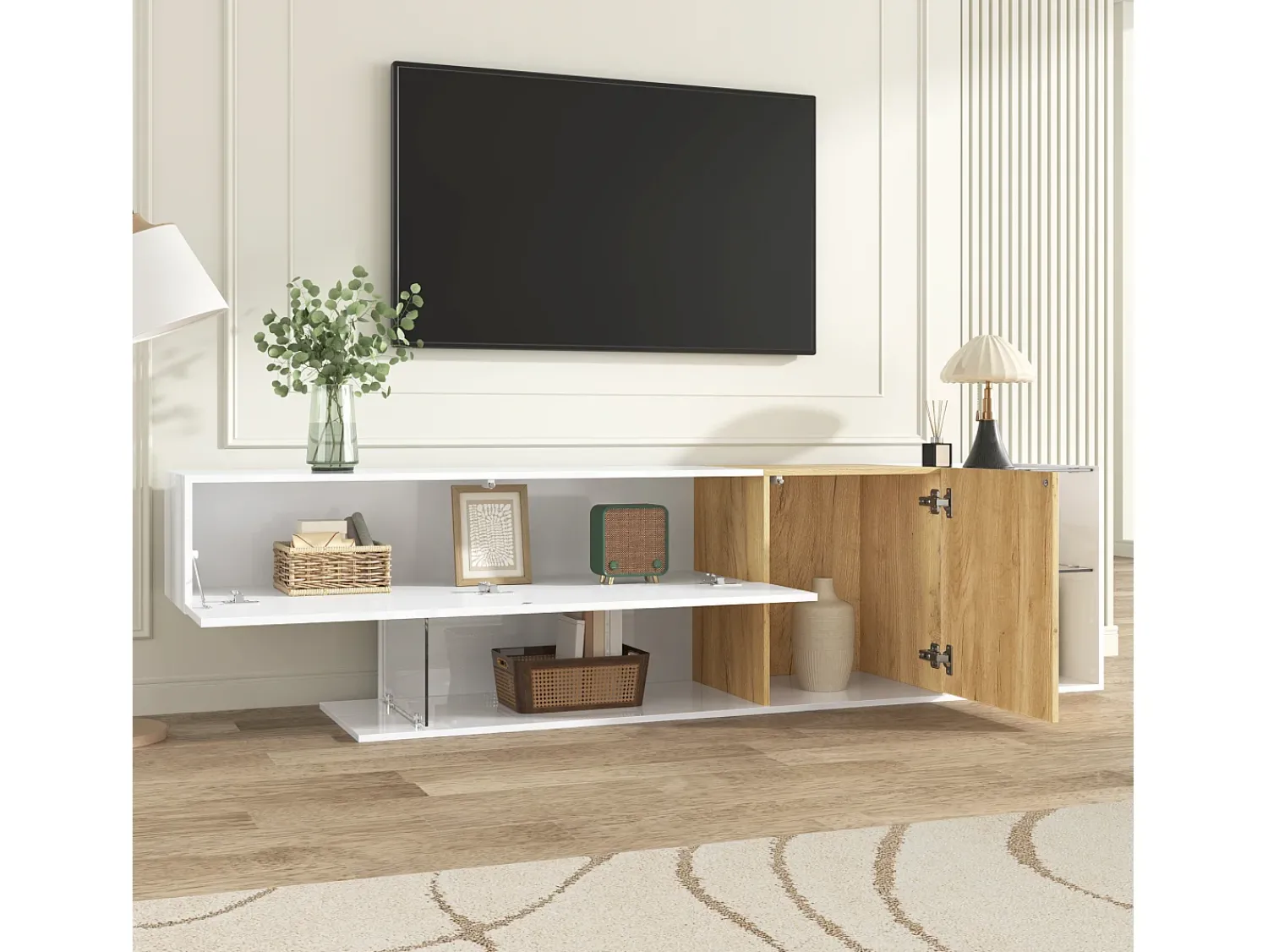 Móvel De Tv|ModernLuxe Móvel para TV brilhante 180×38×48 cm - com 2 portas - prateleiras de vidro - acabamento madeirado - painel de partículas - branco + natural Natural claro / Branco
