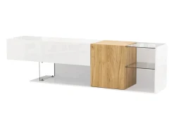 Móvel De Tv|ModernLuxe Móvel para TV brilhante 180×38×48 cm - com 2 portas - prateleiras de vidro - acabamento madeirado - painel de partículas - branco + natural Natural claro / Branco