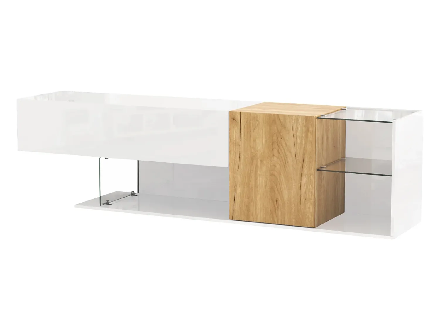 Móvel De Tv|ModernLuxe Móvel para TV brilhante 180×38×48 cm - com 2 portas - prateleiras de vidro - acabamento madeirado - painel de partículas - branco + natural Natural claro / Branco