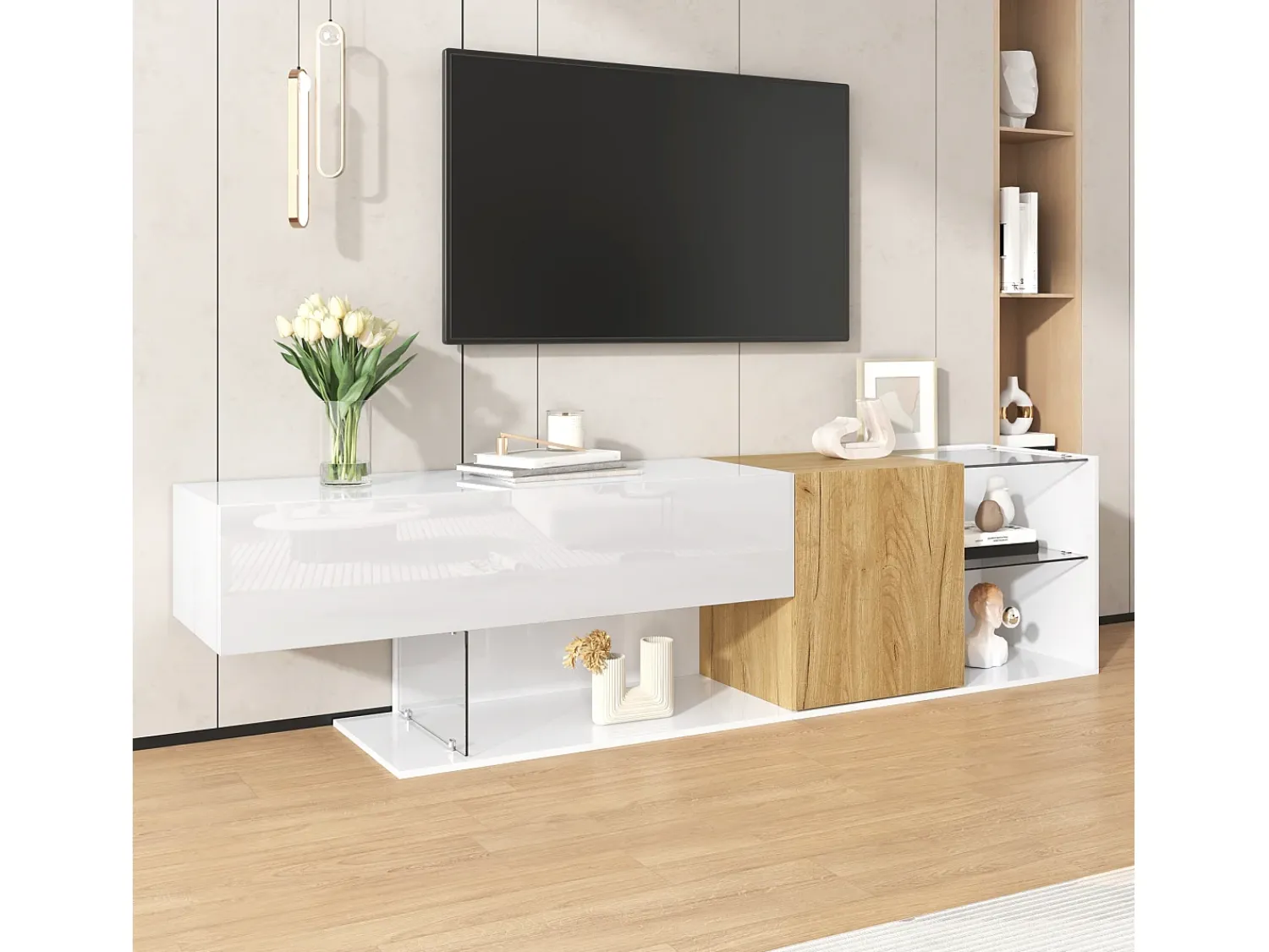 Móvel De Tv|ModernLuxe Móvel para TV brilhante 180×38×48 cm - com 2 portas - prateleiras de vidro - acabamento madeirado - painel de partículas - branco + natural Natural claro / Branco