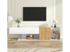 Móvel De Tv|ModernLuxe Móvel para TV brilhante 180×38×48 cm - com 2 portas - prateleiras de vidro - acabamento madeirado - painel de partículas - branco + natural Natural claro / Branco