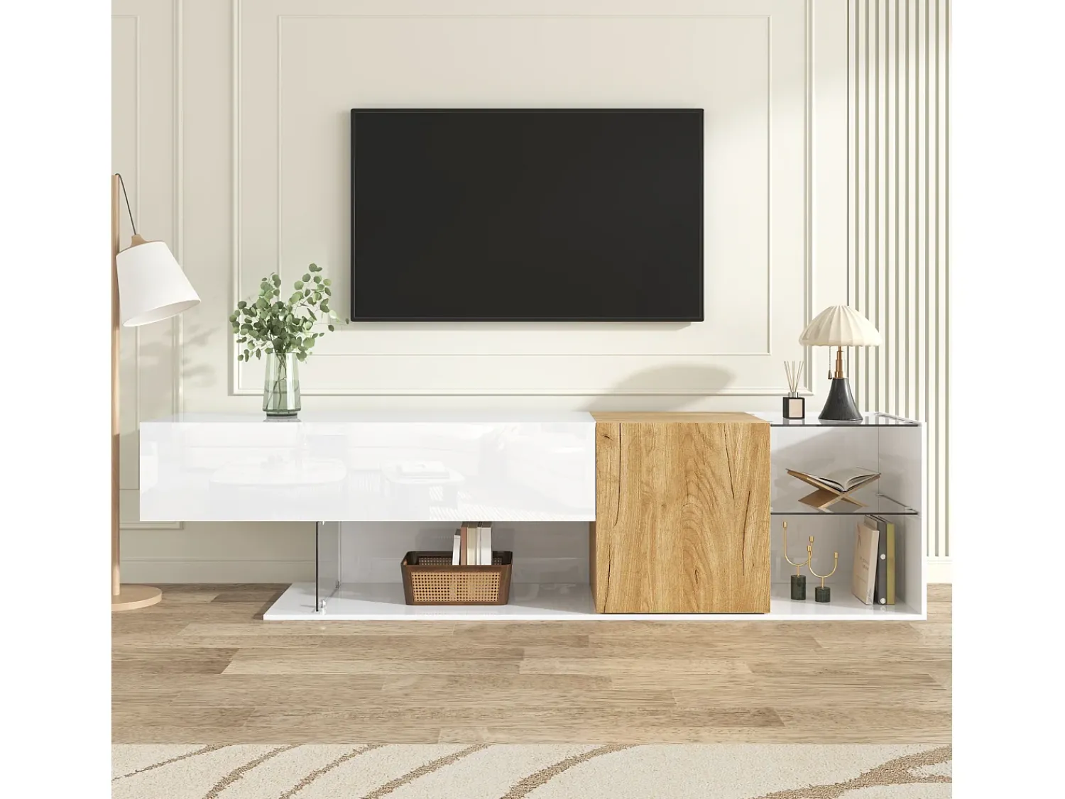 Móvel De Tv|ModernLuxe Móvel para TV brilhante 180×38×48 cm - com 2 portas - prateleiras de vidro - acabamento madeirado - painel de partículas - branco + natural Natural claro / Branco