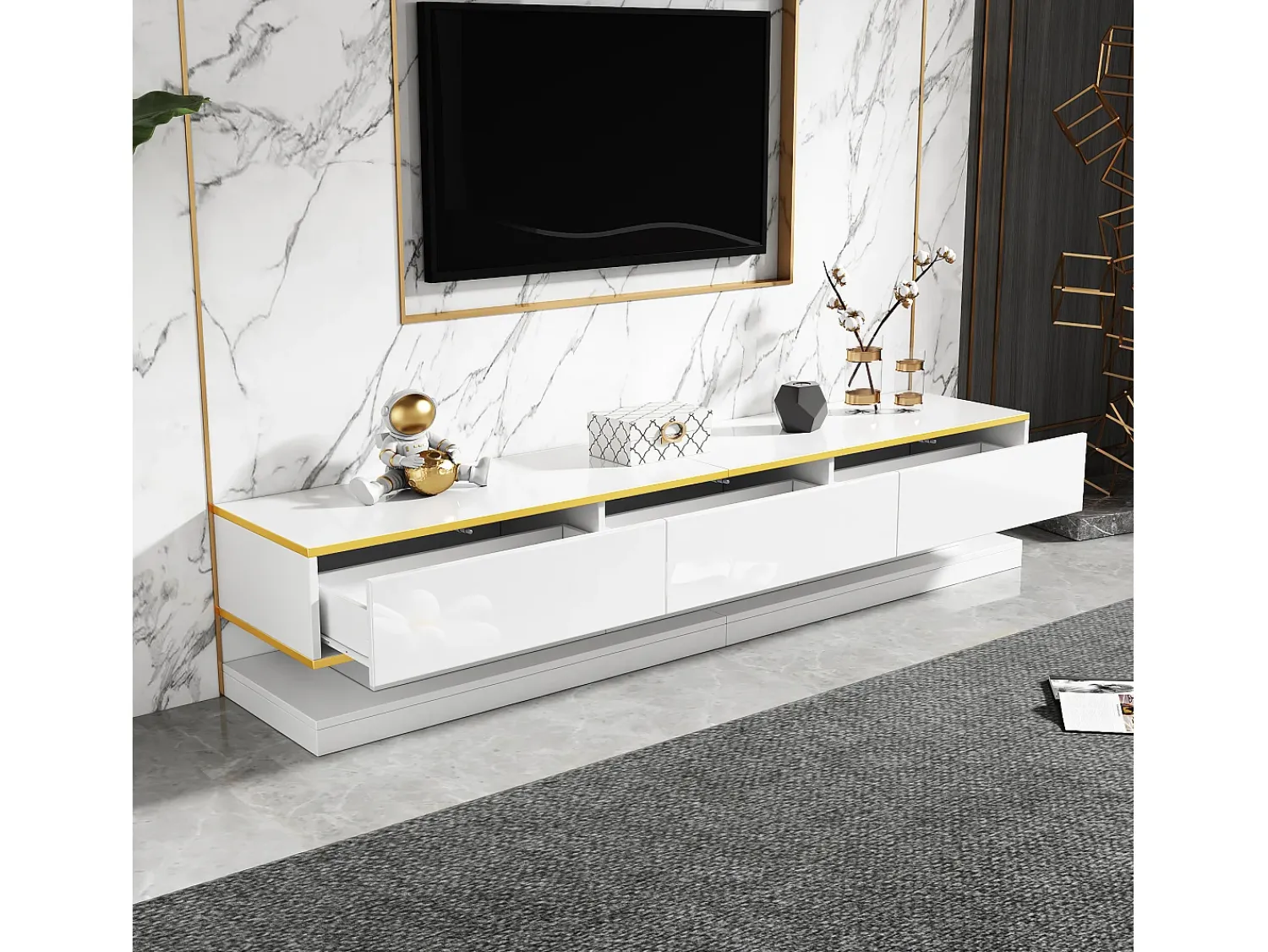 Móvel De Tv*ModernLuxe Móvel para TV brilhante 200×40×40 cm - 3 gavetas - Painel de partículas - Branco