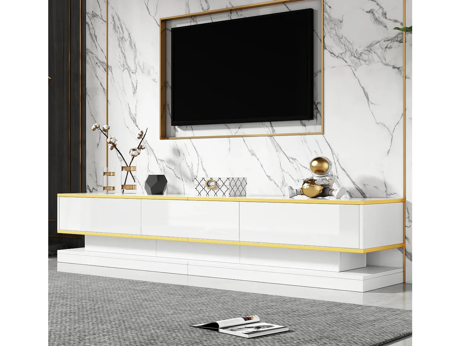 Móvel De Tv*ModernLuxe Móvel para TV brilhante 200×40×40 cm - 3 gavetas - Painel de partículas - Branco