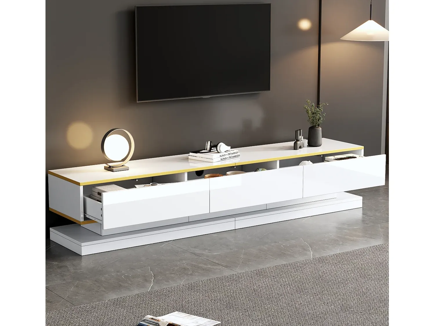 Móvel De Tv*ModernLuxe Móvel para TV brilhante 200×40×40 cm - 3 gavetas - Painel de partículas - Branco