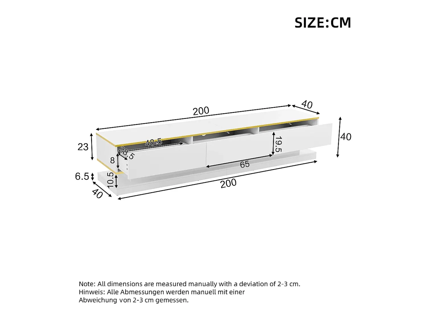 Móvel De Tv*ModernLuxe Móvel para TV brilhante 200×40×40 cm - 3 gavetas - Painel de partículas - Branco