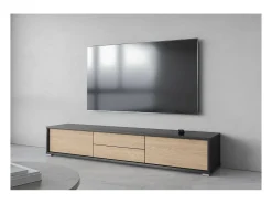 Meublorama Móvel para TV 180cm, 2 gavetas e 2 portas coleção MAANUM. Cor cinza e carvalho claro.^ Móvel De Tv