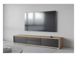 Meublorama Móvel para TV 180cm, 2 gavetas e 2 portas coleção MAANUM. Cor carvalho claro e cinza.^ Móvel De Tv