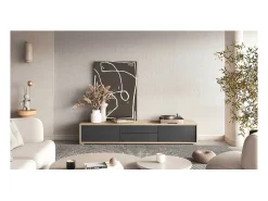 Meublorama Móvel para TV 180cm, 2 gavetas e 2 portas coleção MAANUM. Cor carvalho claro e cinza.^ Móvel De Tv