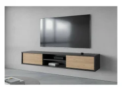 Móvel De Tv|Meublorama Móvel para TV 180cm, 2 portas e 2 nichos coleção MAANUM. Cor cinza e carvalho claro. Cinzento