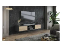 Móvel De Tv|Meublorama Móvel para TV 180cm, 2 portas e 2 nichos coleção MAANUM. Cor cinza e carvalho claro. Cinzento