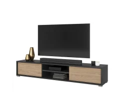 Móvel De Tv|Meublorama Móvel para TV 180cm, 2 portas e 2 nichos coleção MAANUM. Cor cinza e carvalho claro. Cinzento