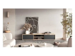 Móvel De Tv*Meublorama Móvel para TV 180cm, 2 portas e 2 nichos coleção MAANUM. Cor carvalho claro e cinza. Castanho