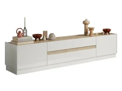 Best Meublorama Móvel para TV 205cm coleção FANZY. Cor laqueado e carvalho claro, ideal para uma sala de estar moderna. Branco