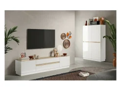 Best Meublorama Móvel para TV 205cm coleção FANZY. Cor laqueado e carvalho claro, ideal para uma sala de estar moderna. Branco