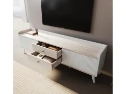 Móvel De Tv*Hauss Spole Móvel para TV com 2 gavetas e 2 portas de correr, porta às riscas, e madeira. Branco