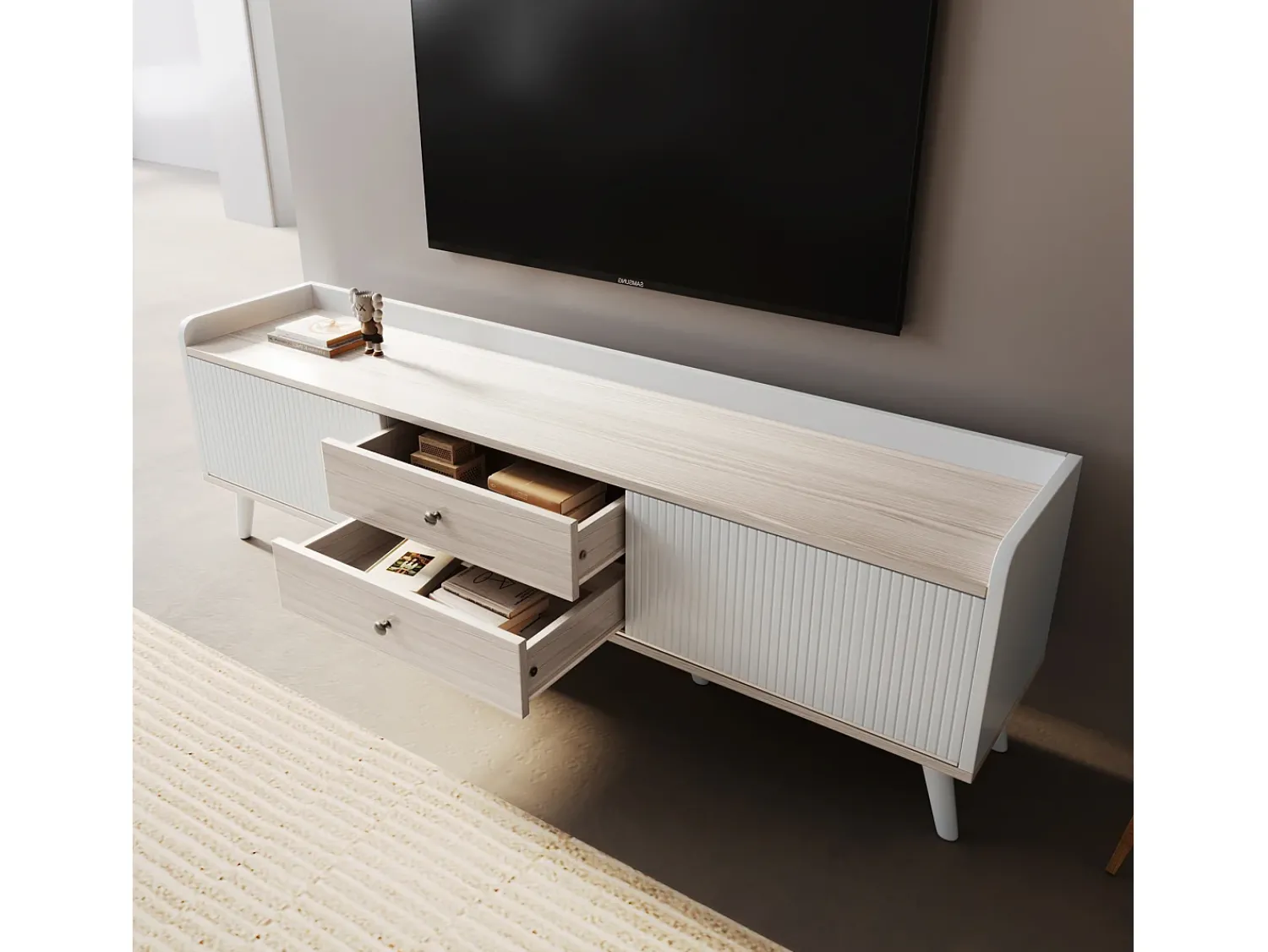 Móvel De Tv*Hauss Spole Móvel para TV com 2 gavetas e 2 portas de correr, porta às riscas, e madeira. Branco